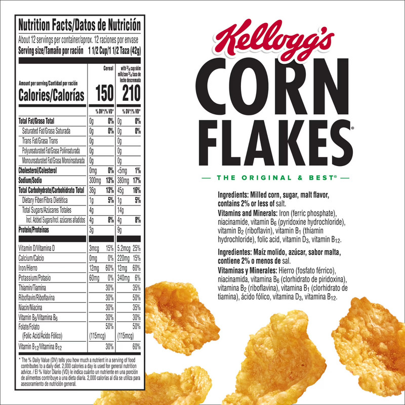 Kellogg's Corn Flakes Breakfast Cereal, 8 Vitamins and Minerals, Family Size, 18 gallery