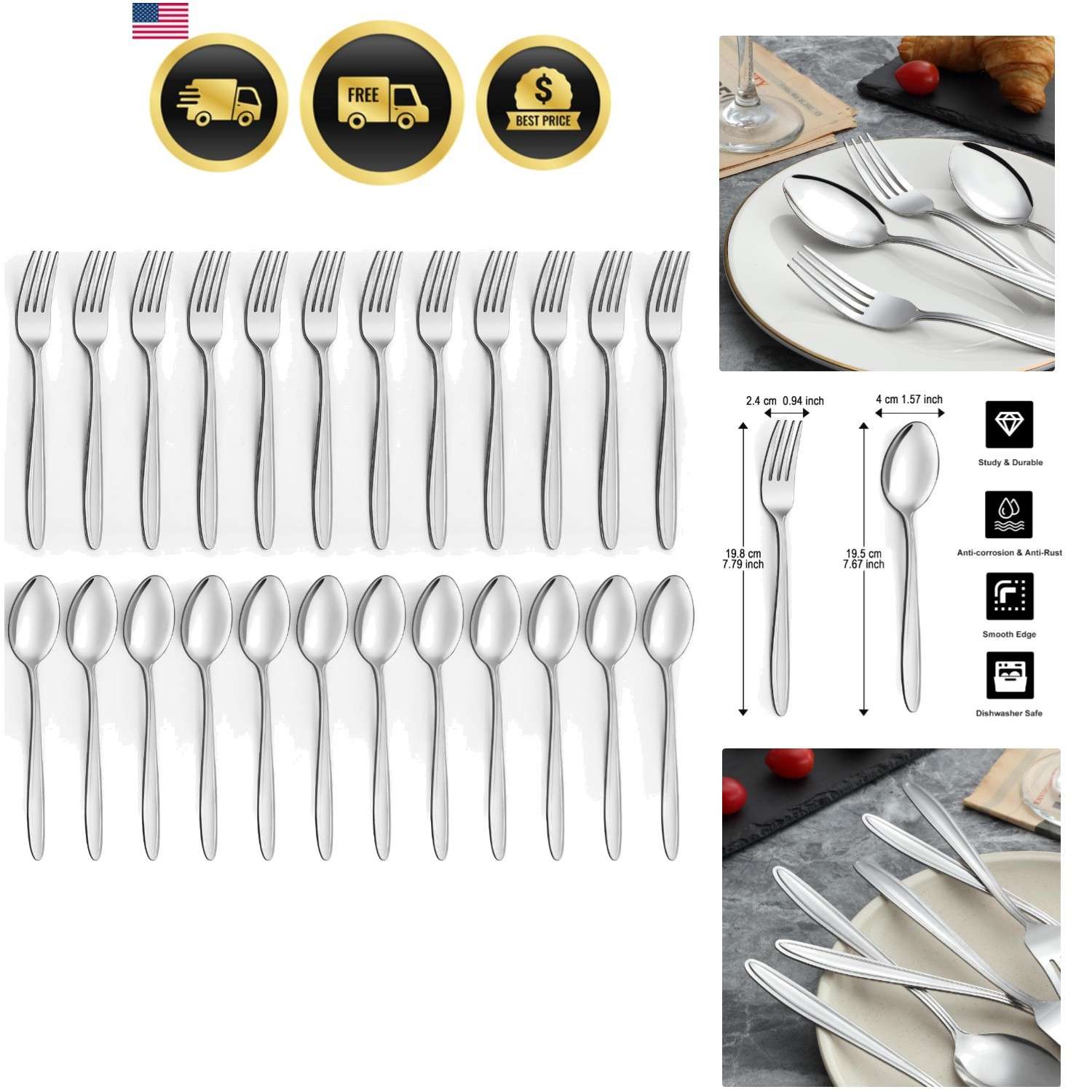 Forks and Spoons Silverware Set - 24-Piece Food Grade Stainless Steel Silverw... gallery