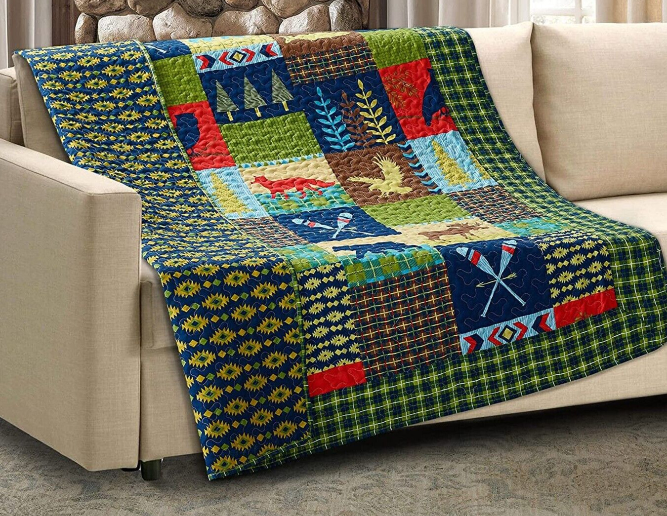 Bold Colorful LAKE & LODGE Reversible Thin Soft Quilted Throw Blanket 50x60 in gallery