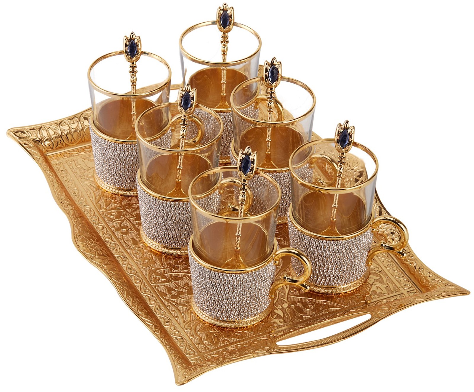 Engraved Turkish Tea and Coffee Serving Tray - Decorative Gold Rectangular Tr... gallery