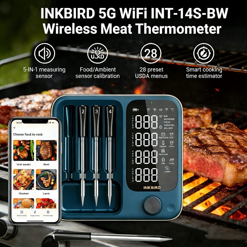 INKBIRD Wireless Meat Thermometer 4 Probes with BBQ Heat Resistant Gloves Smoker gallery