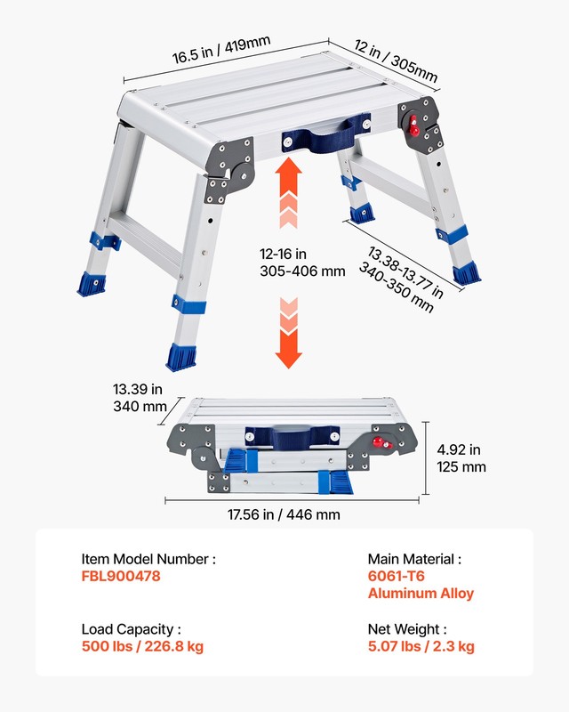 VEVOR Folding Work Platform Adjustable Height 12-16 in 500 lbs Step Stool gallery