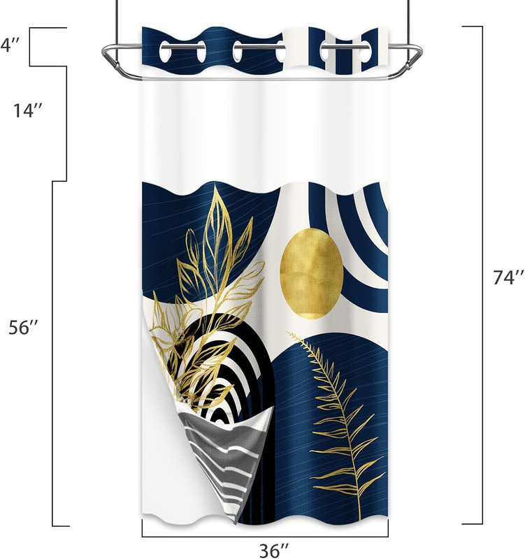 Boho Mid Century Modern Hookless Shower Curtain with Snap in Liner, Navy Blue an gallery