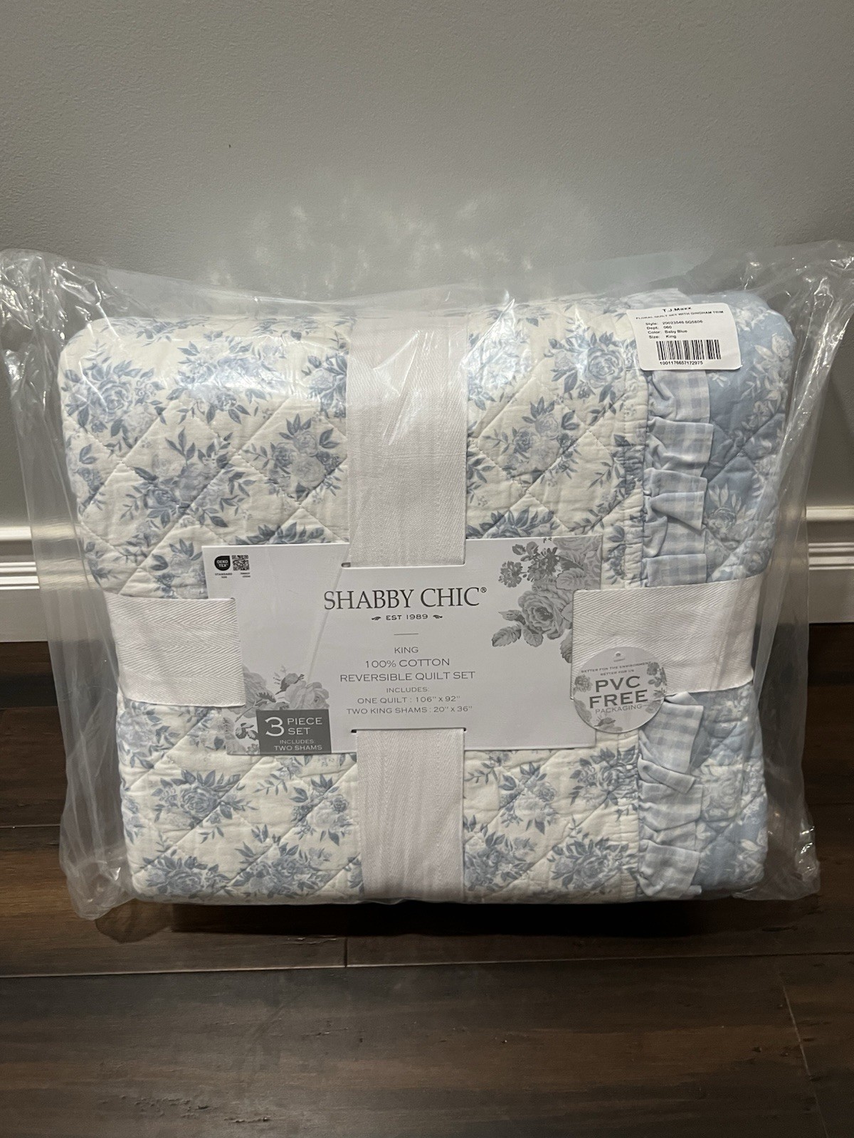Shabby Chic King Reversible Quilted 3-Piece Quilt Set Blue White Floral Cotton gallery