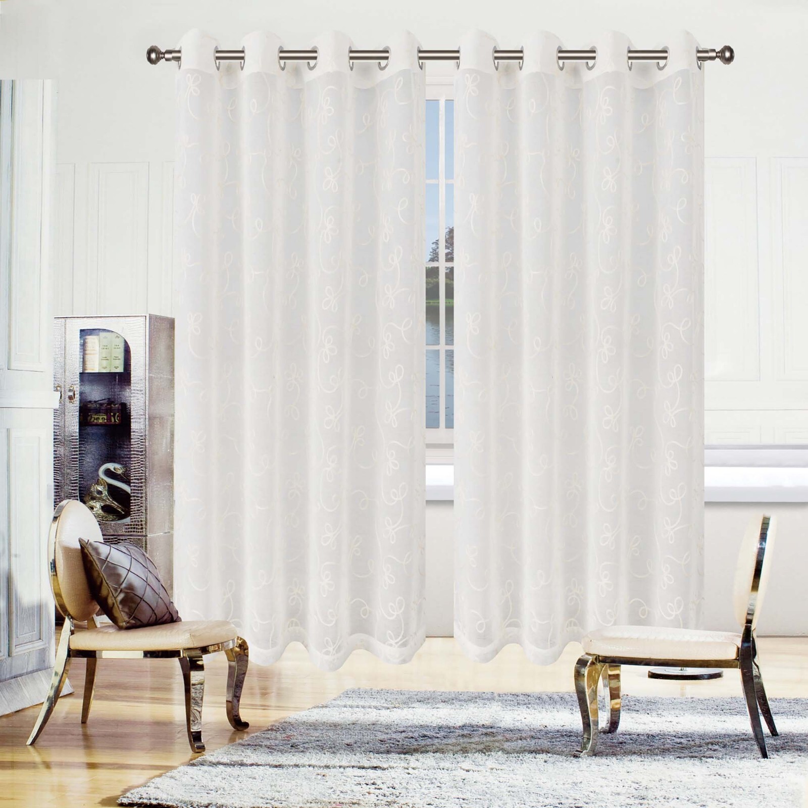 Embroidered Abstract Sheer Grommet Traditional Shrink Resistant Indoor Curtain gallery