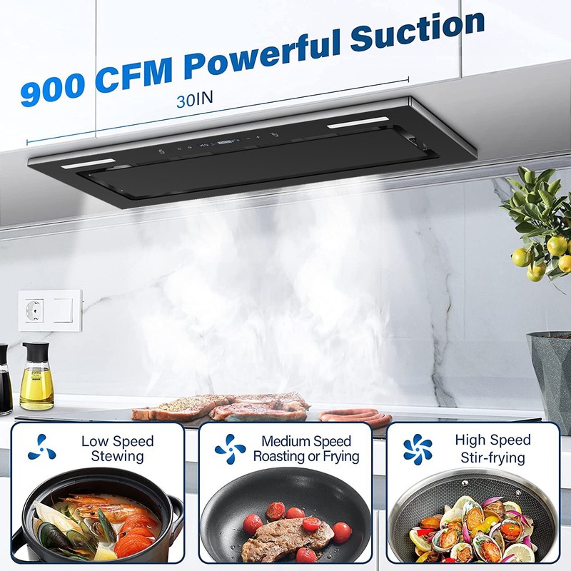 30in Built-in Insert Range Hood 900CFM Tempered Glass Kitchen Vent w/LED New gallery