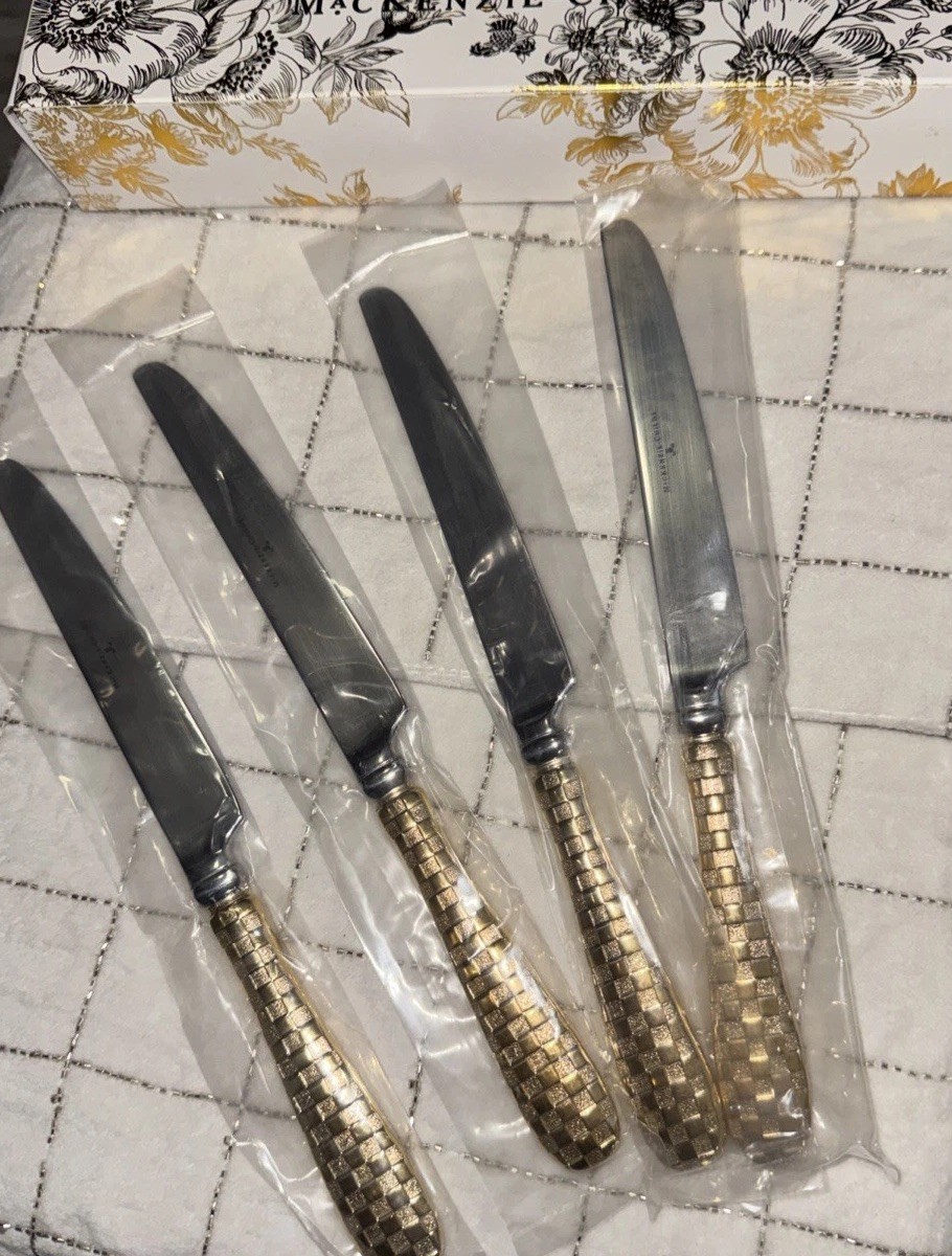 4 Pcs Mackenzie Childs Gold Plated Check Dessert Knife Set New In Box gallery