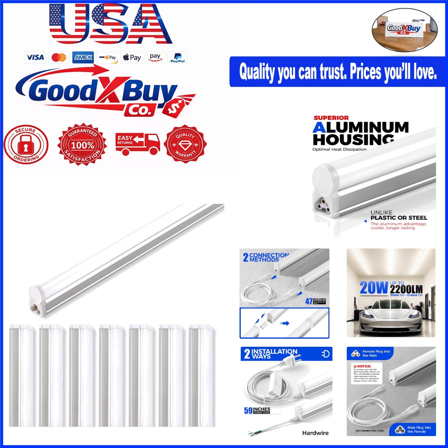 8 Pack 4ft LED Shop Lights Linkable 2200lm 4000K White Garage Workshop Baseme... gallery