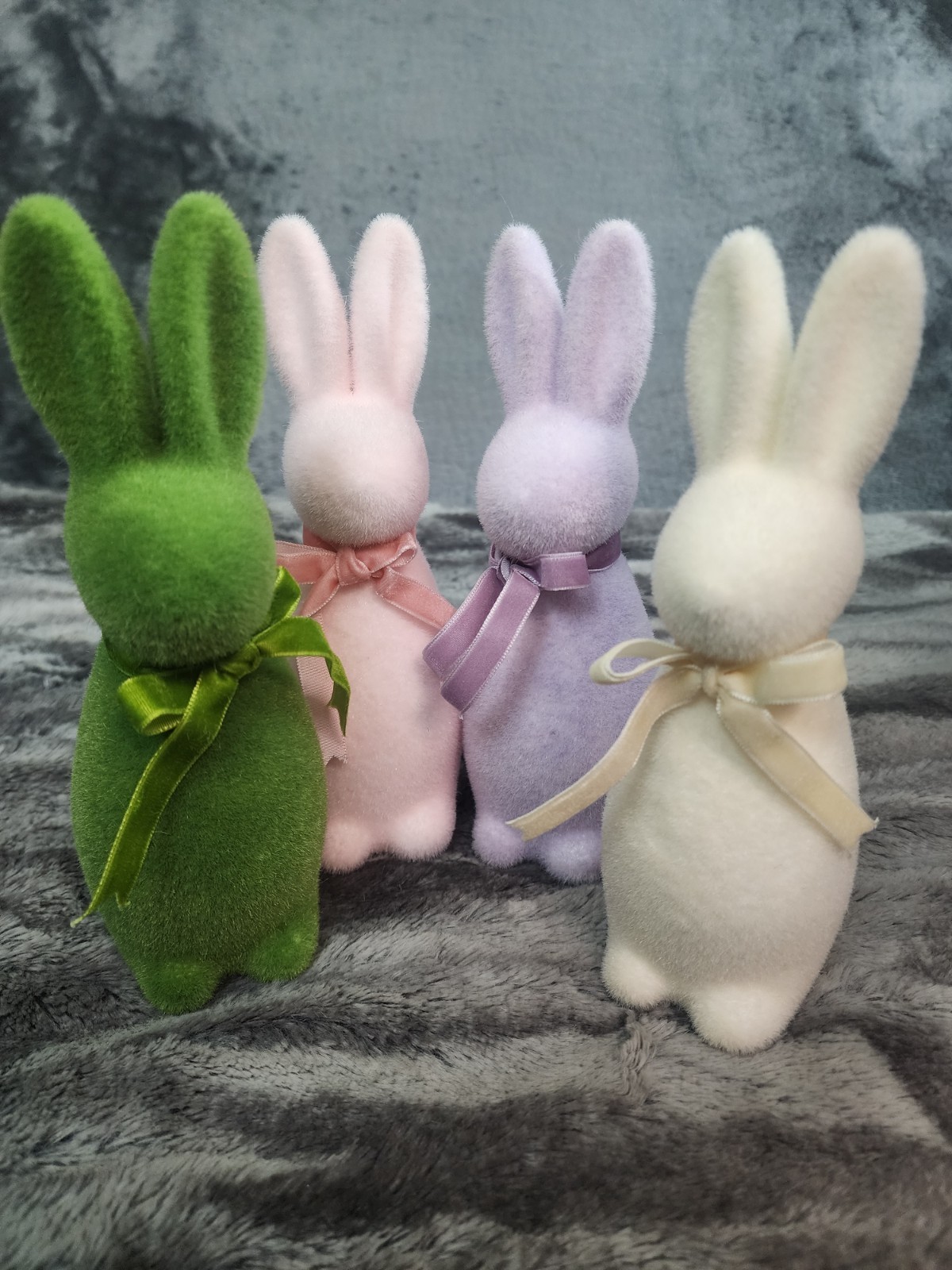 Bunny Rabbit Figurine Flocked Green Pink Purple Faux Grass Spring Decor Set Of 4 gallery