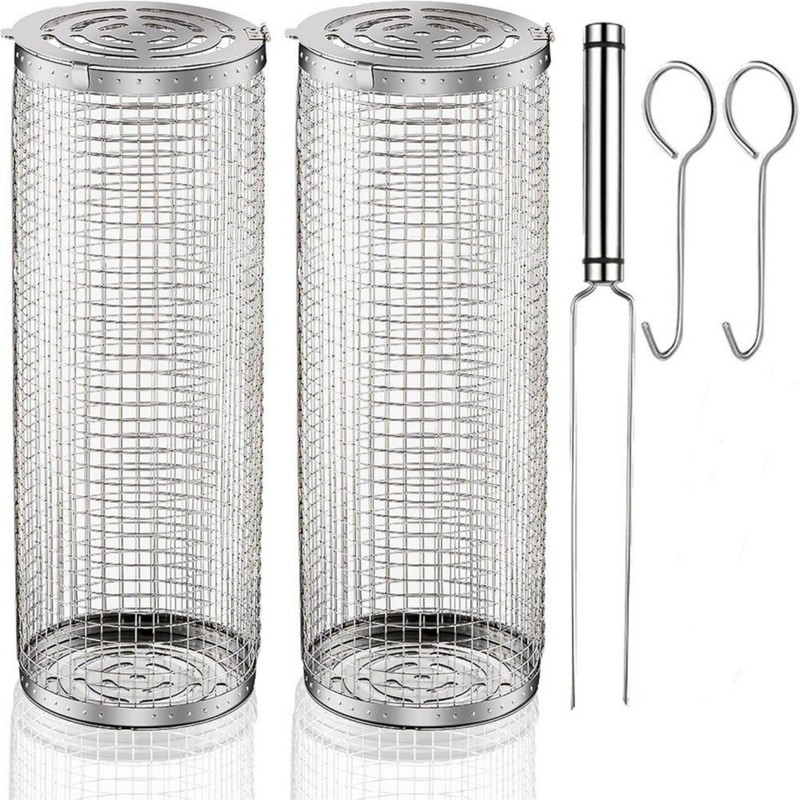 2pcs Rolling Grill Basket Removable Handles for Outdoor BBQ Barbecue Grill Mesh gallery