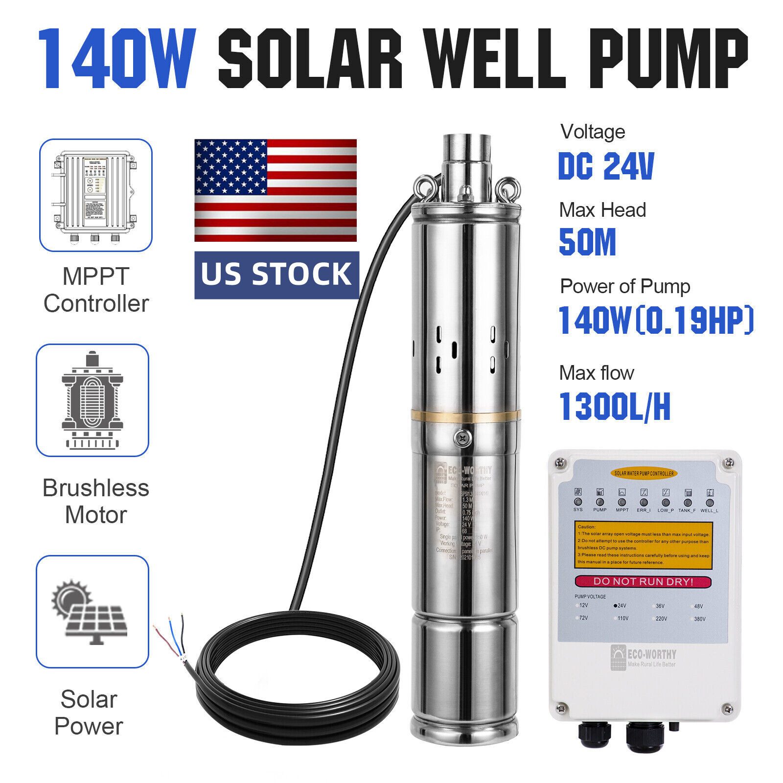 3" DC 24V Solar Water Pump Deep Well Pump Submersible Bore MPPT Controller Kit gallery