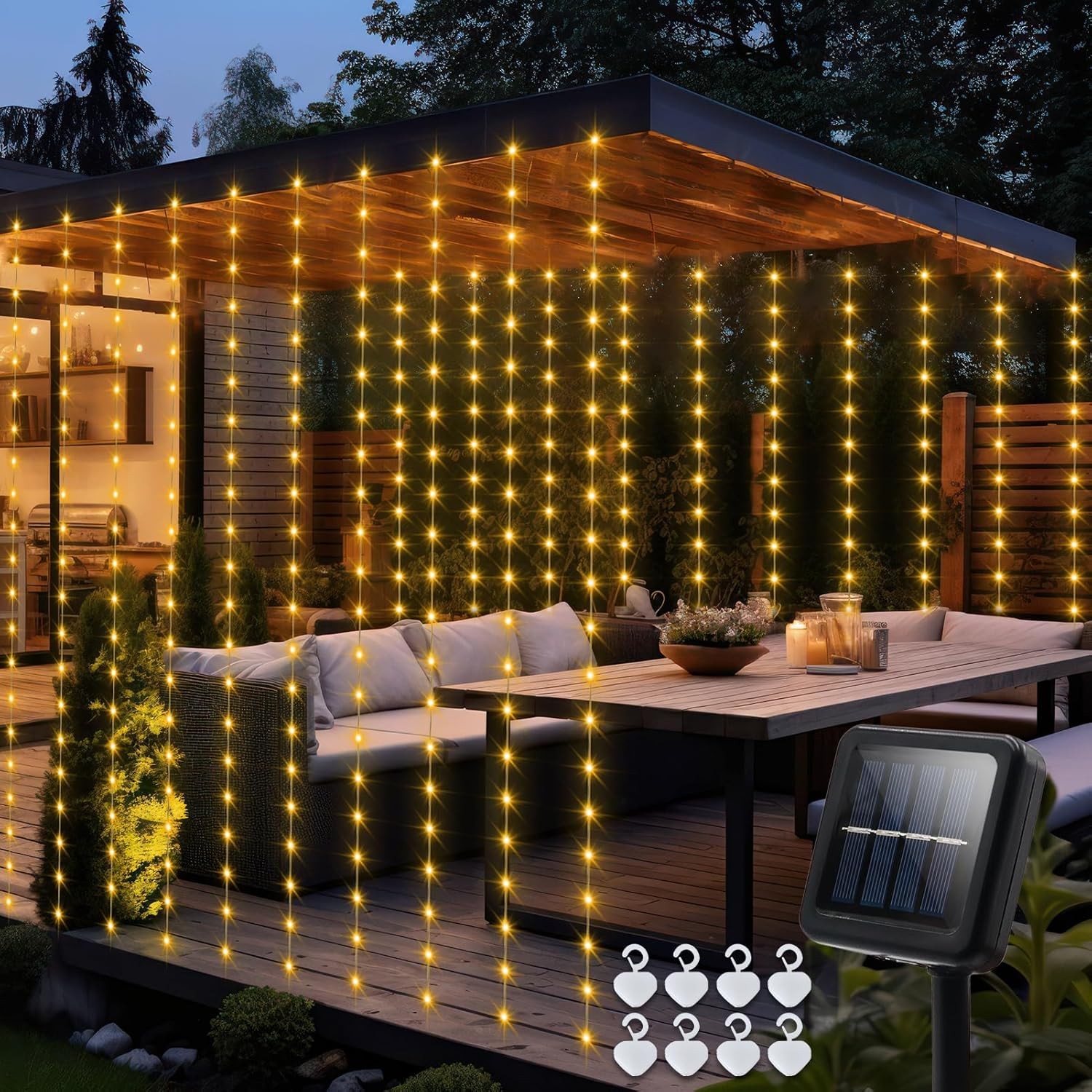 Solar Curtain Lights 7.9ft x 6ft 144 LED Outdoor Curtain Lights Waterproof W/ gallery