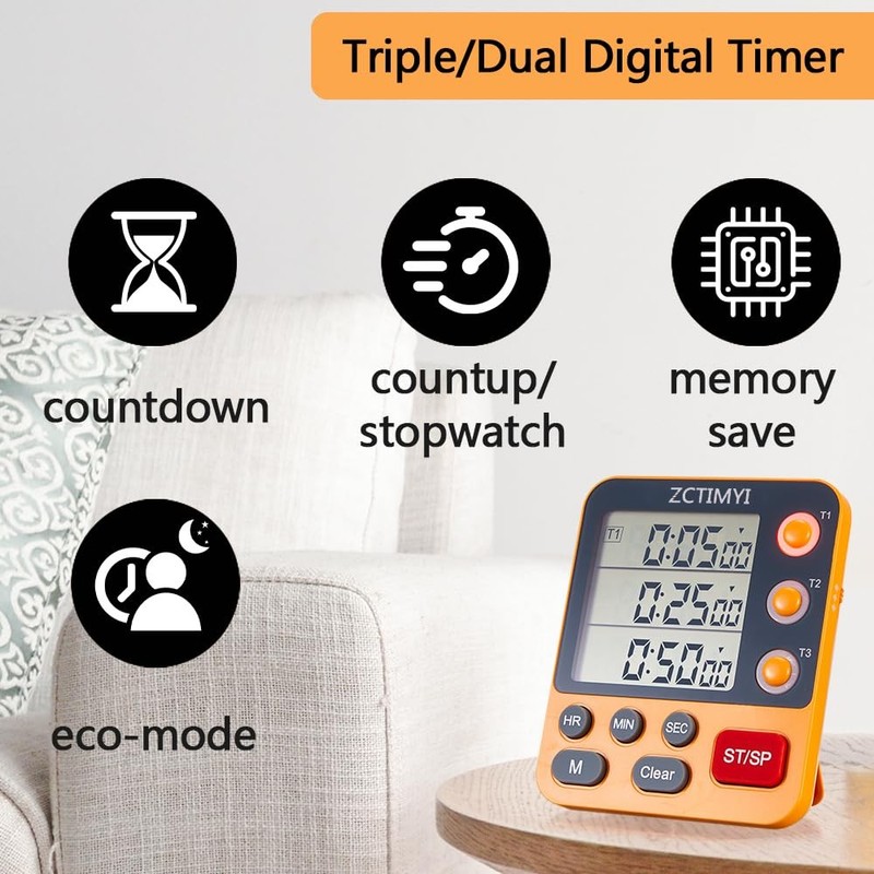 Dual Digital Timer for Kitchen Cooking, 3 Channels Count Down/Up Triple Timer... gallery