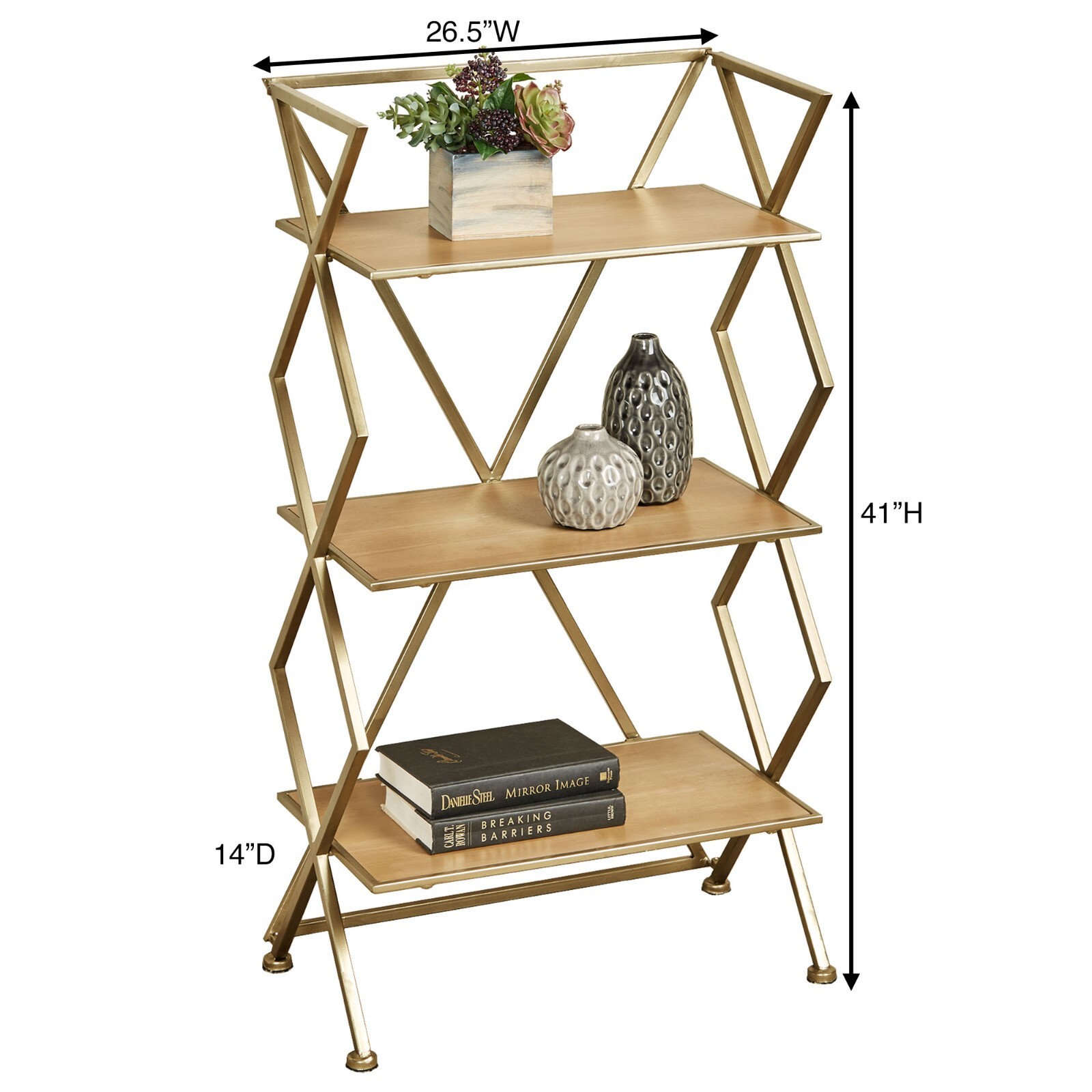 Modern Style Jamie Three Tier Gold Floor Shelf 41 Inches High gallery