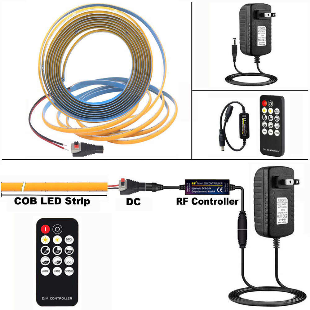1m~5m COB LED Strip Lights 5mm 400LED/m With RF Remote Dimmable Power Supply Kit gallery