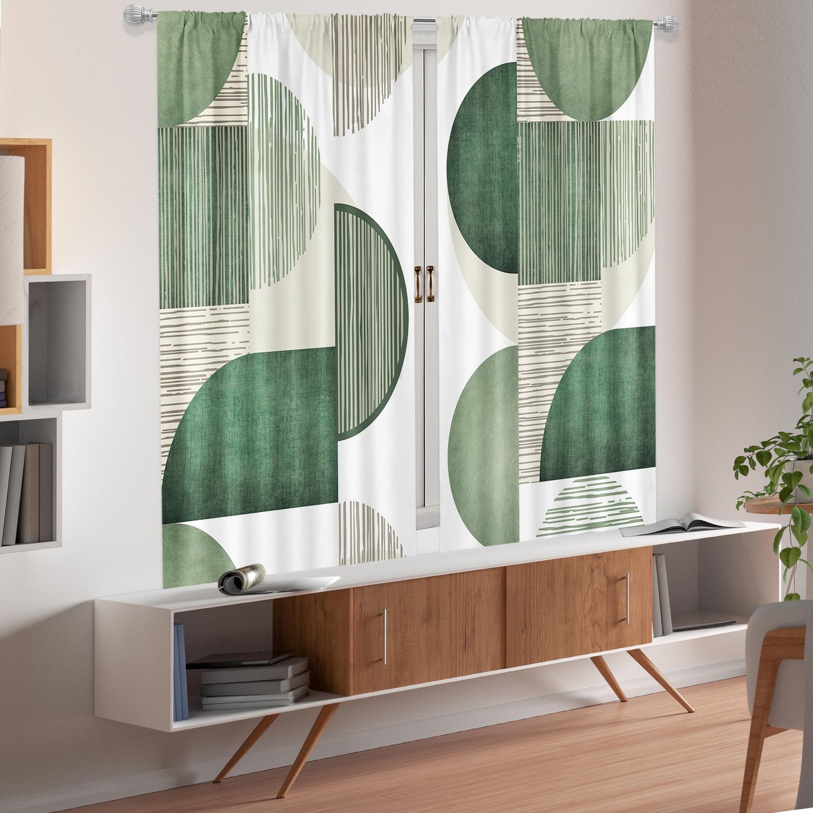 Abstract Geometric Green Curtains 42Wx63H Inch Rod Pocket Modern Minimalist S... gallery
