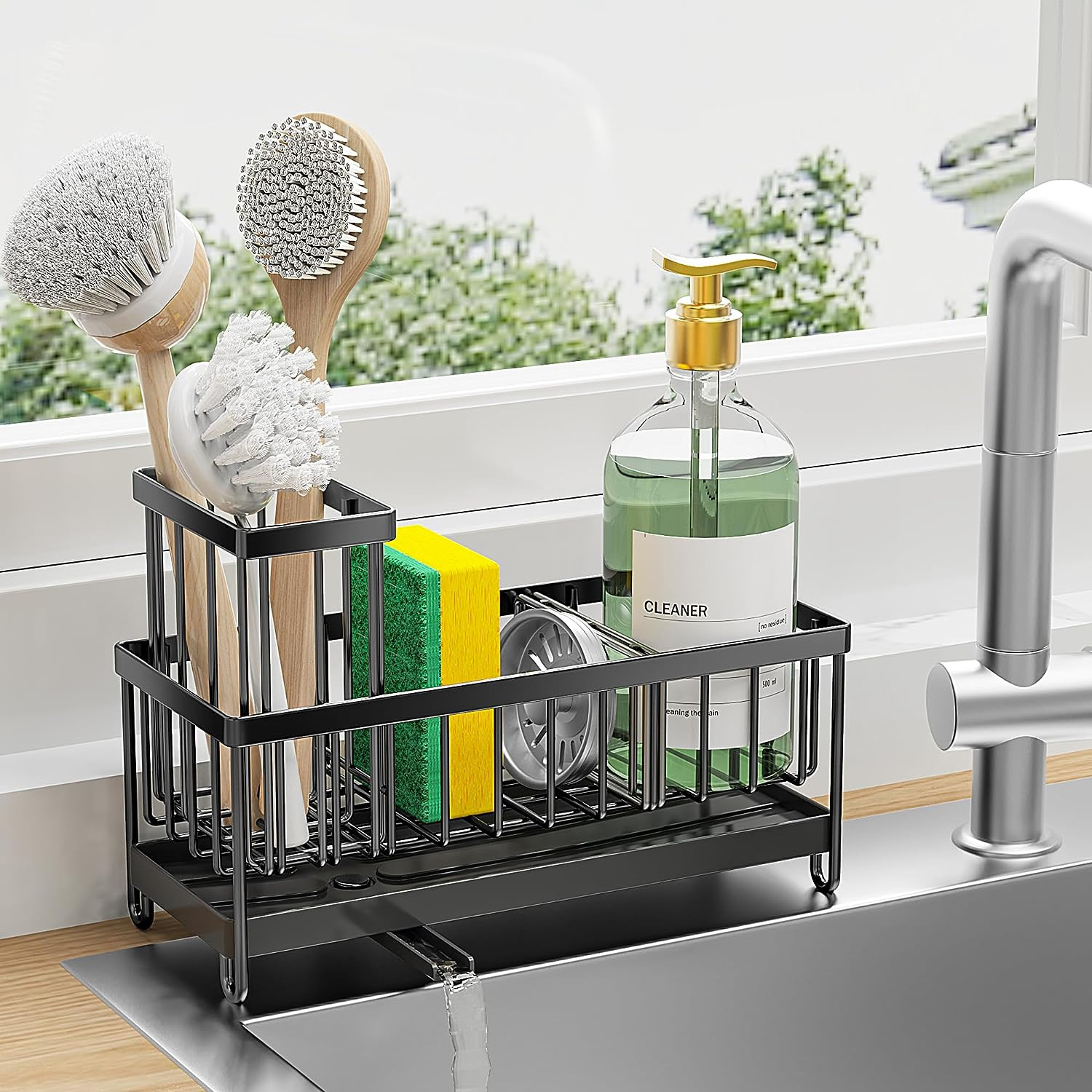 Black Sponge Holder for Kitchen Sink, Sink Caddy Organizer with High Brush Holde gallery