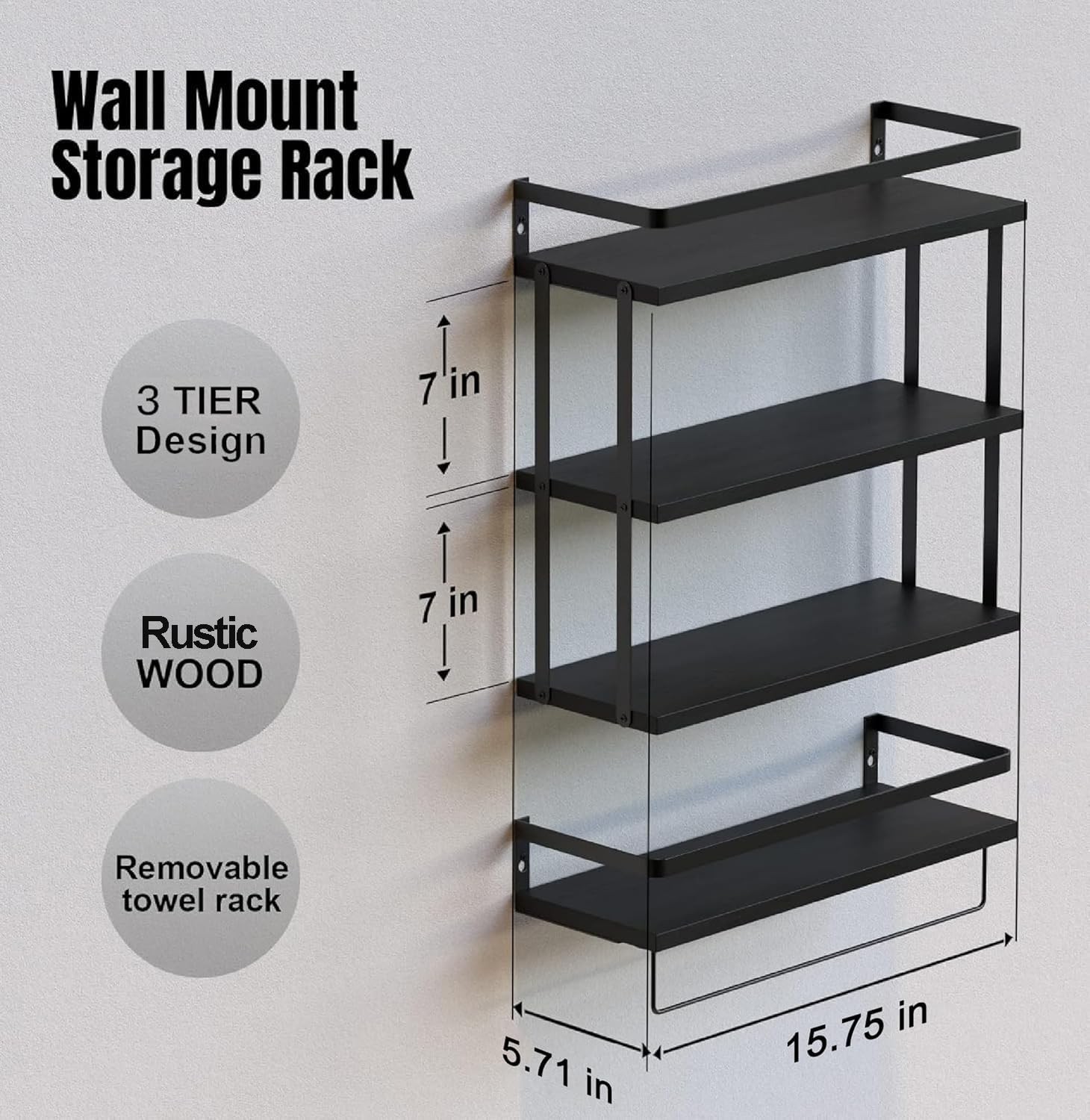 3+1 Tier Wall Mounted Rustic Wood Floating Shelves Metal Frame Black 2 PCS gallery