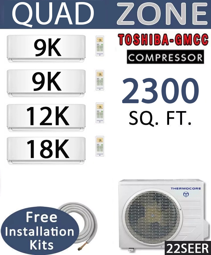 22 SEER:4 Zone Ductless Mini Split Air Conditioner Heat Pump: 9k+9k+12k+18k BTU