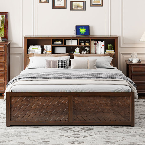 King Size Platform Bed with Storage Drawers Bookcase Headboard Wooden Bed Frames gallery