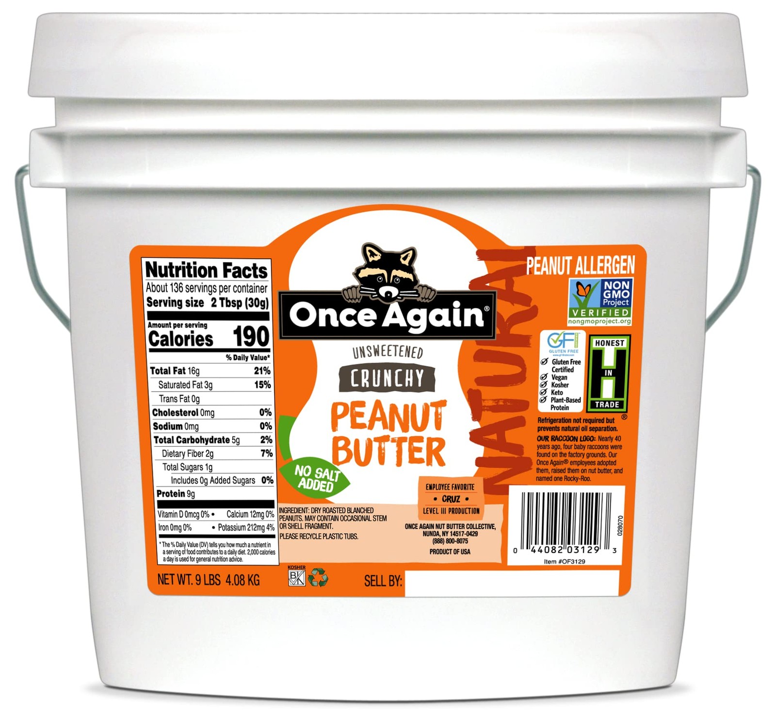 Once Again Natural, Crunchy Peanut Butter, 9lb Bucket (same as 9 jars)- Salt Fre gallery