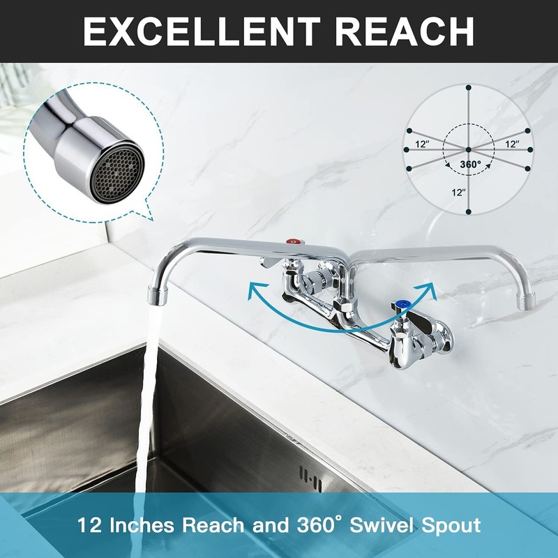 Wall Mount Commercial Kitchen Faucet Sink 8 In Center Tap 12 In Swivel Spout gallery