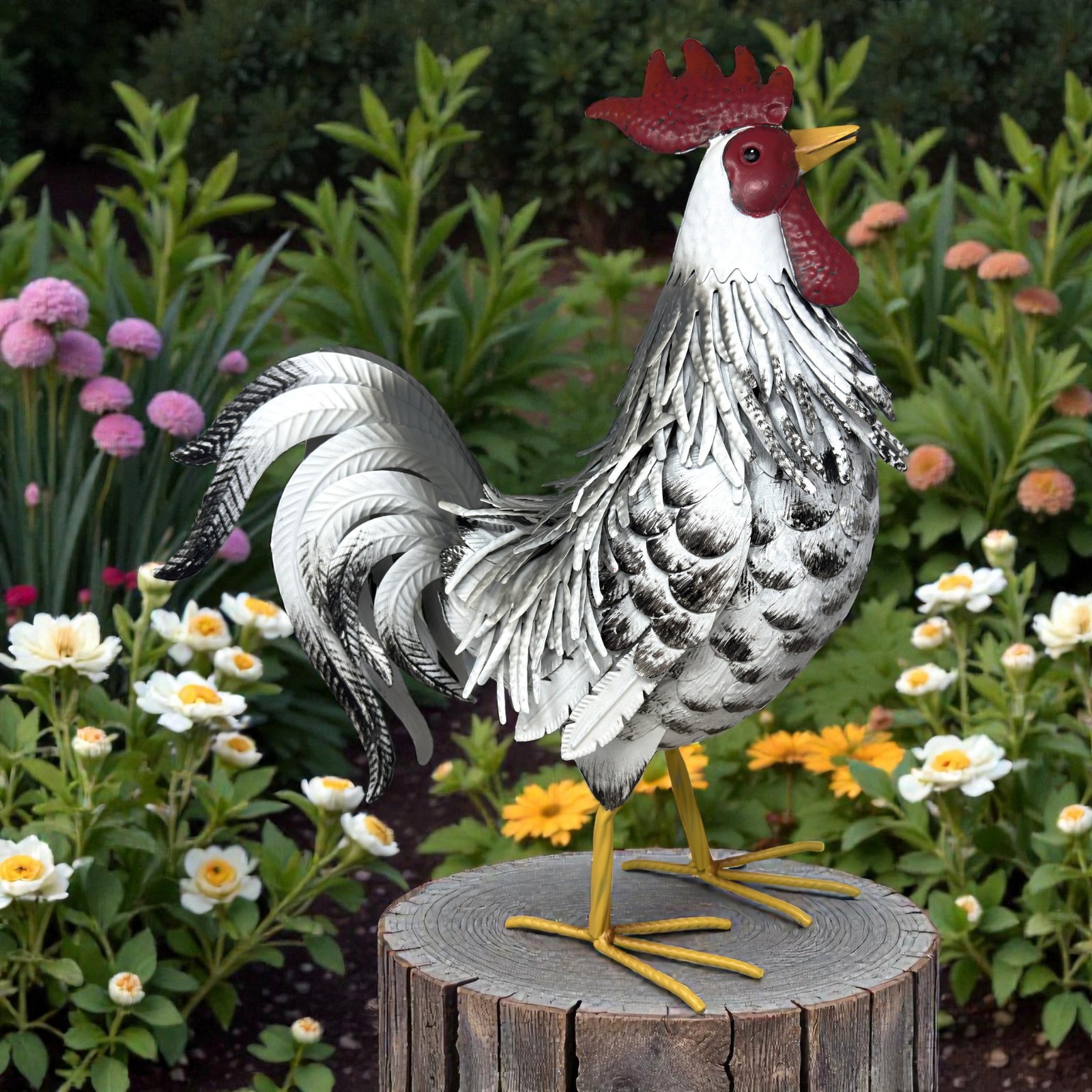 Country Rustic 21" Tall White Black & Grey Metal Rooster Chicken Yard Garden Art gallery
