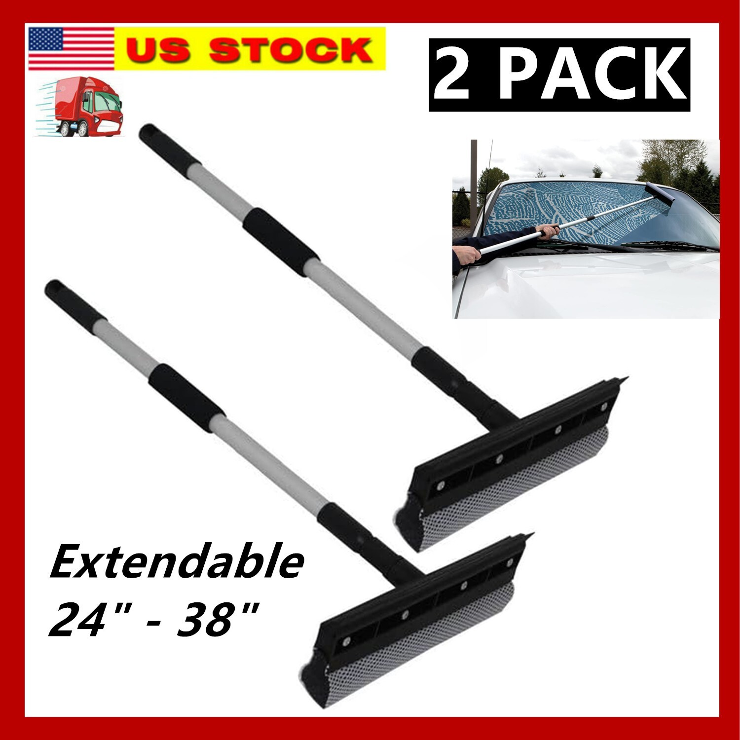 2x Extendable Window Squeegee Cleaner Long Handle Car Cleaning Window Glass 38" gallery