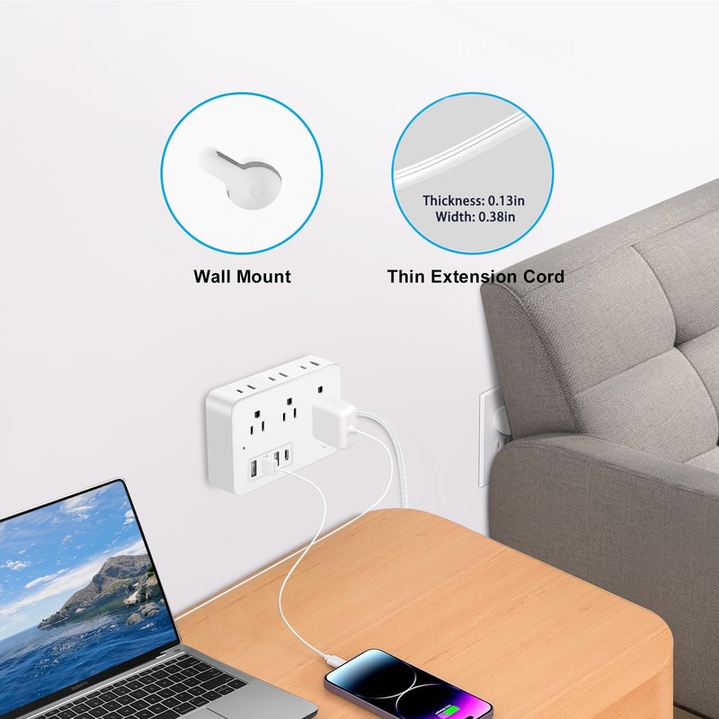 Wall Mountable USB Surge Protector Power Strip with USB Ports 6/8 Outlet Plugs gallery