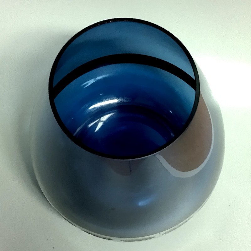 Cobalt Blue Glass Vase Tear Drop Shape Etched Silver Tone Chrome Band 6.5" gallery