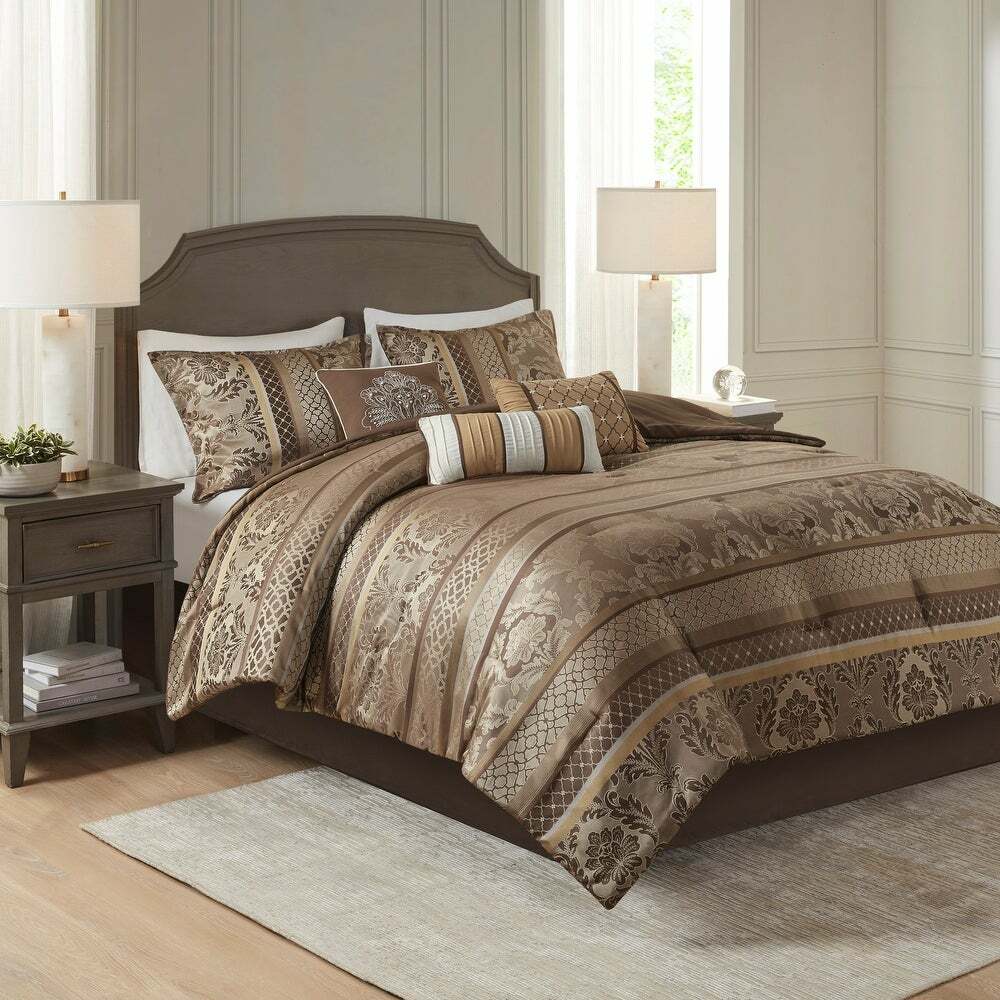 BEAUTIFUL MODERN ELEGANT CHIC RICH BROWN GOLD BRONZE GREY TAUPE COMFORTER SET gallery
