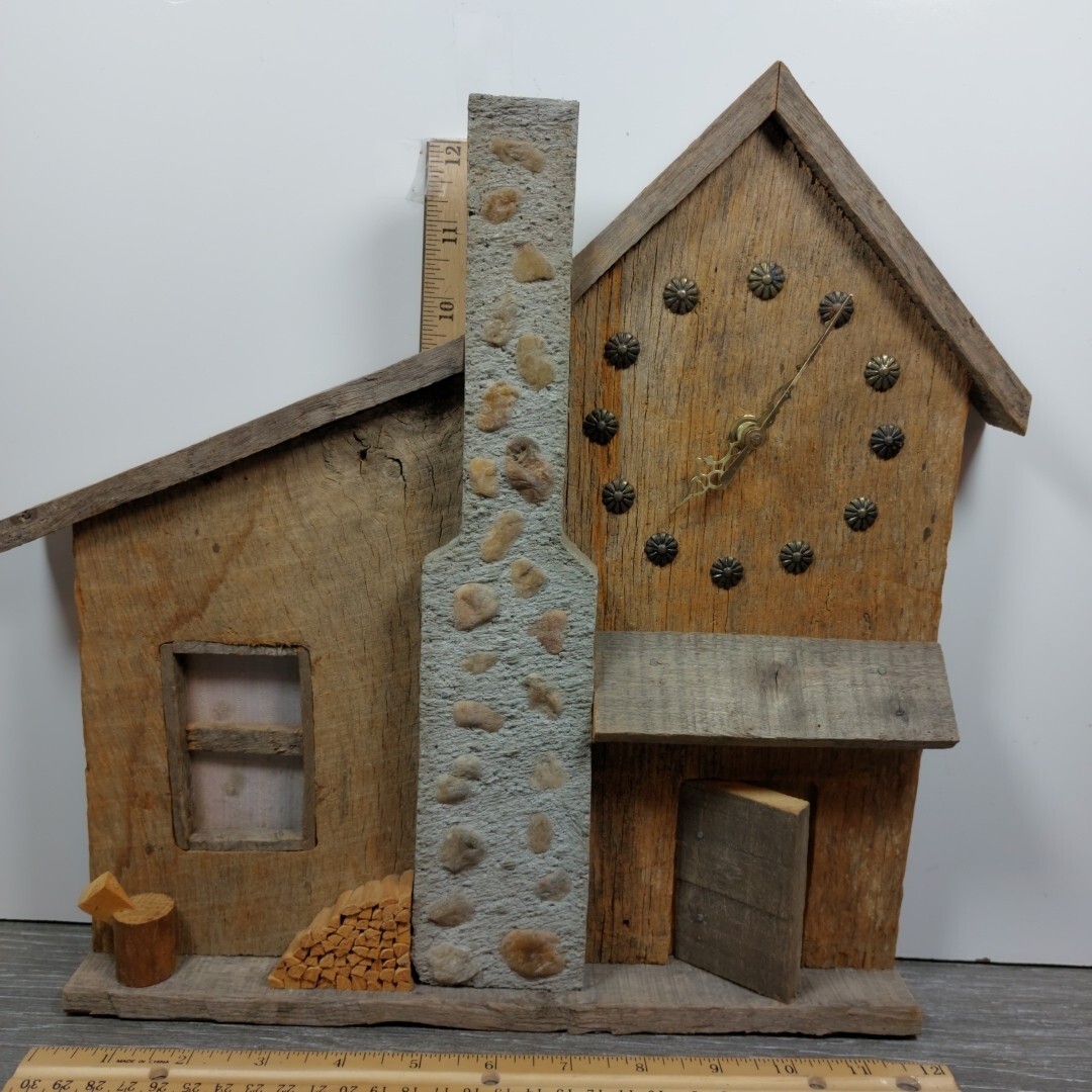Hand Crafted Barnwood Cabin Homestead House Clock w/ Real Rock/Concrete Chimney gallery