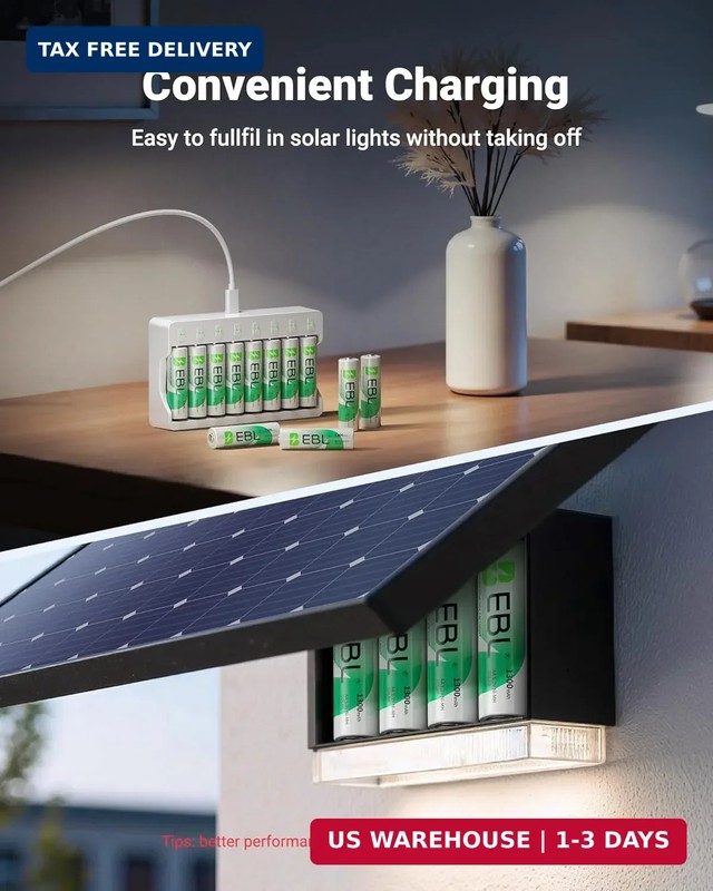 EBL Solar AA Battery Rechargeable Batteries for Outdoor Solar Lights, 1300mAh NI gallery