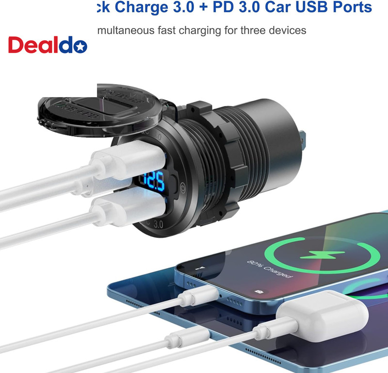 12V USB Outlet Marine Switch Panel Plug, PD3.0 and Dual QC3.0 USB Ports Aluminum gallery