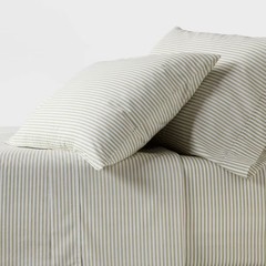 Queen 250 Thread Count Organic Percale Sheet Set Sage Green Stripe –