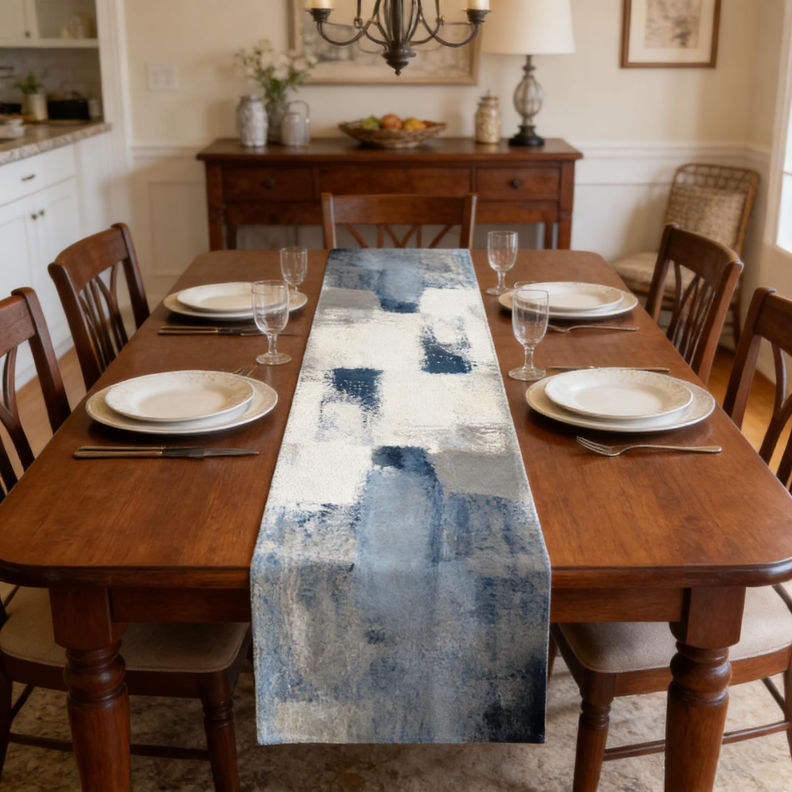 Blue and White Abstract Modern Table Runner, Art Rustic Kitchen Dining Table ... gallery