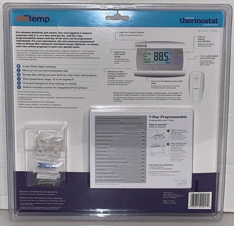 RiteTemp 6080 7-Day Programmable Universal Thermostat With Remote Brand New gallery