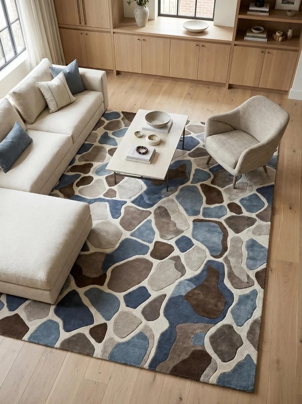 Hand Tufted Wool Pebble Pattern Rug, Modern Neutral Blue Brown Area Rug 9x12 Lar gallery