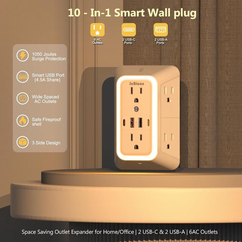 Wall Outlet Extender with Night Light, 6 Outlet Plug Adapter with 4 USB Ports gallery