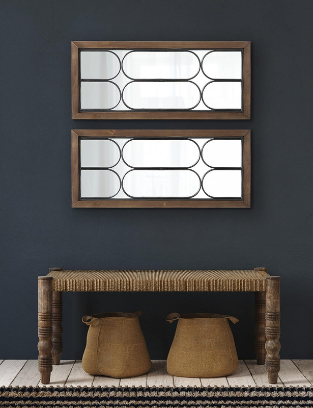 Walnut Brown Rectangle Wall Mirror with Geometric Iron Overlay, 13x30 Inches gallery
