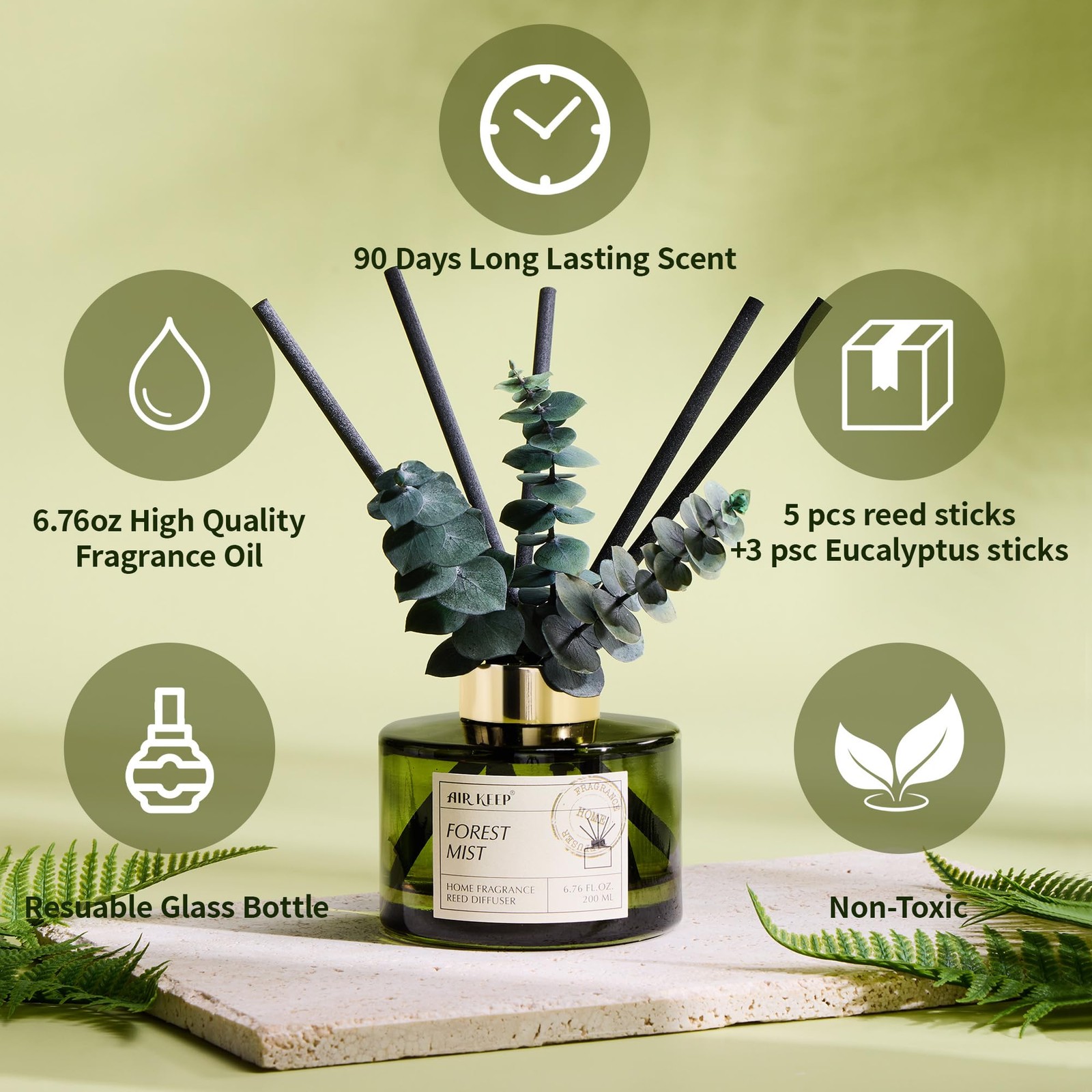 Reed Diffuser Set with 6.76 fl oz Forest Mist Scent Essential Oils and 3 Leav... gallery