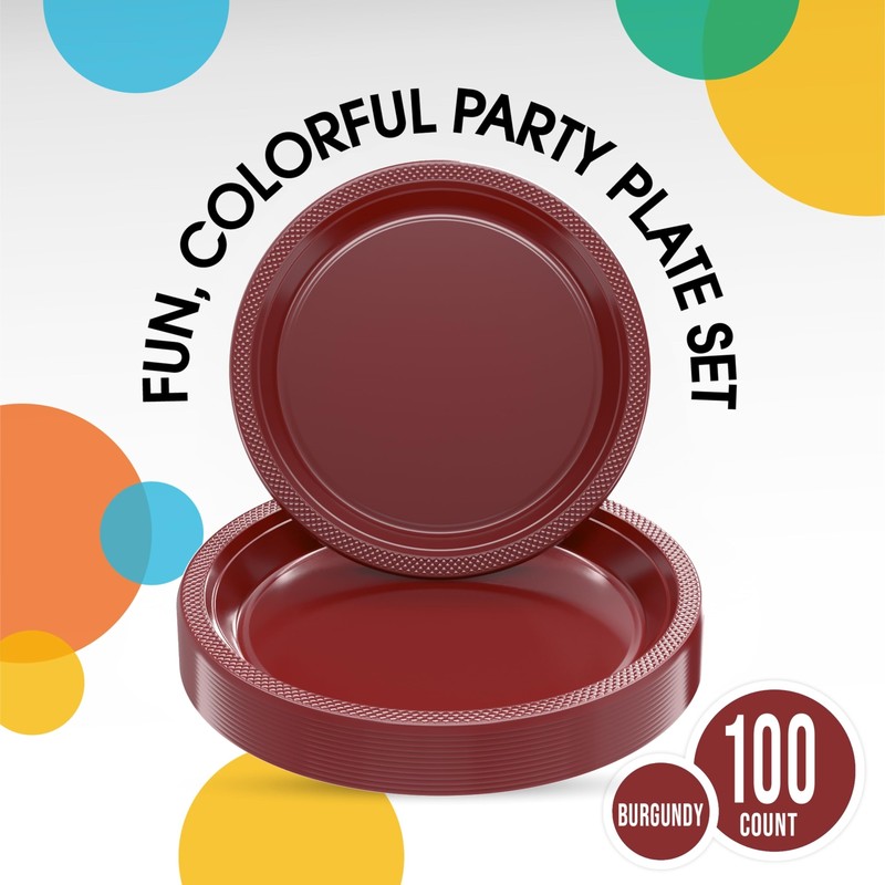 9 & 7 Inch. Dinner Plate Combo 100 Pack Burgundy Plastic Plates Disposable 507 I gallery