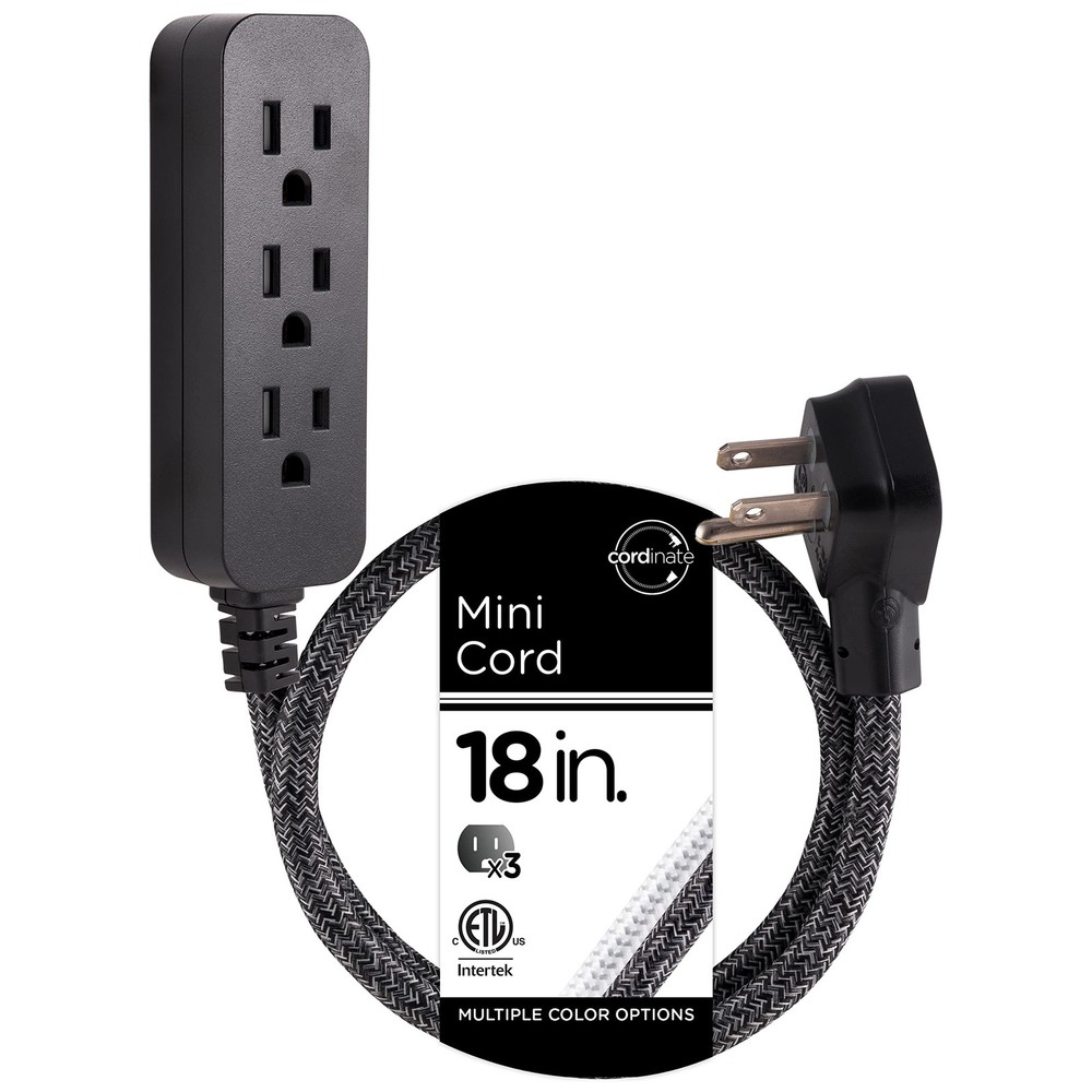 Cordinate Designer Mini 3-Outlet Power Strip, 18 in Braided 18 In, Black