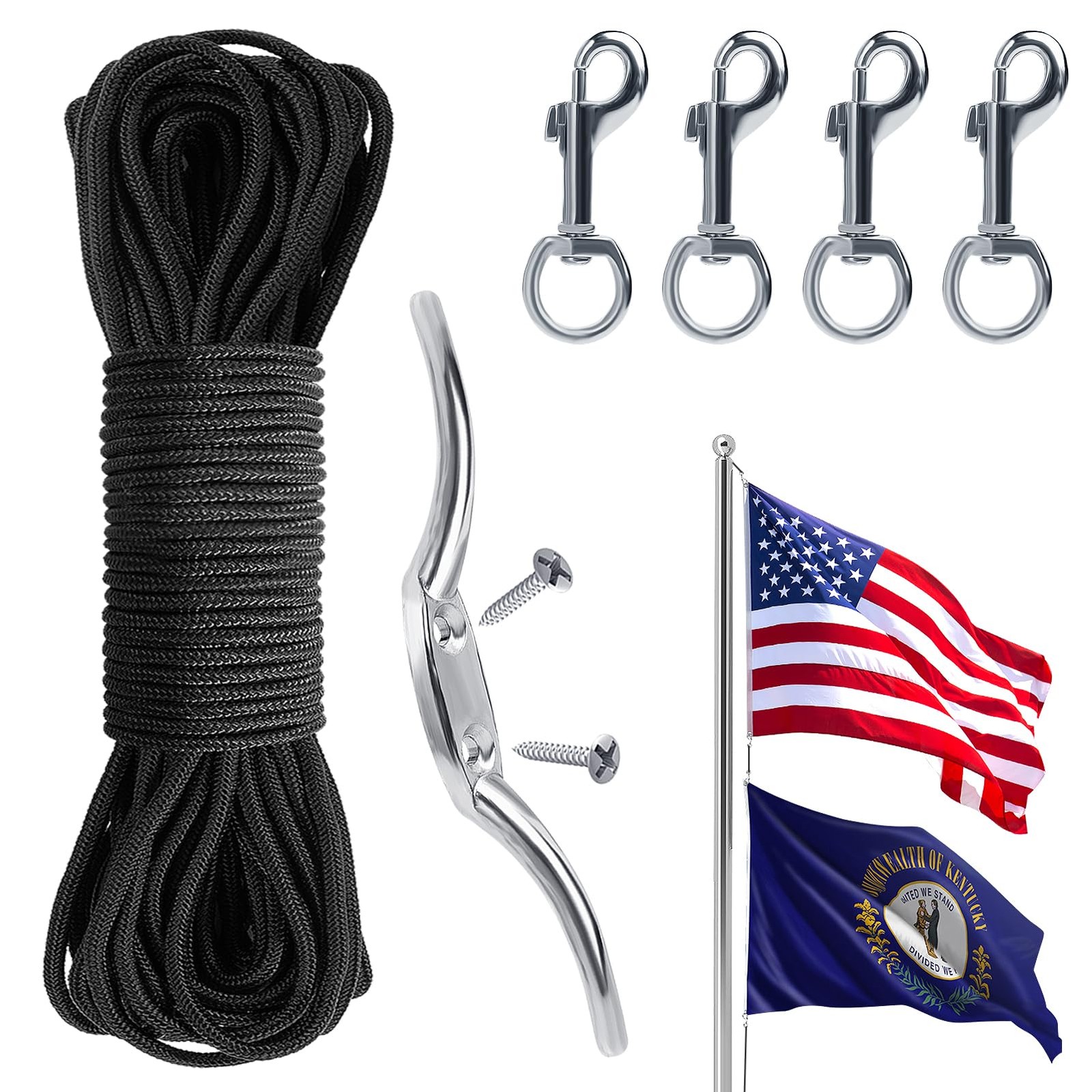Flag Rope and Clips Kit with Cleat Hook & Swivel Snap Clip Flagpoles Up to 50ft gallery
