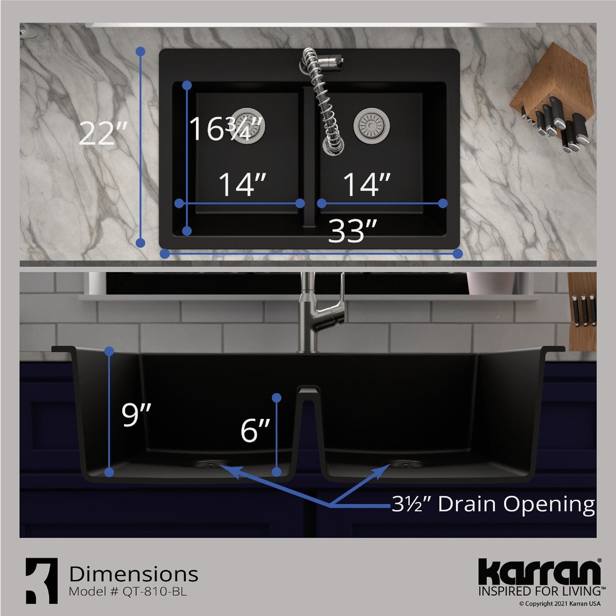 Karran 33 In. x 22 In. Black Quartz Drop-In Double Bowl Kitchen Sink QT-810- gallery