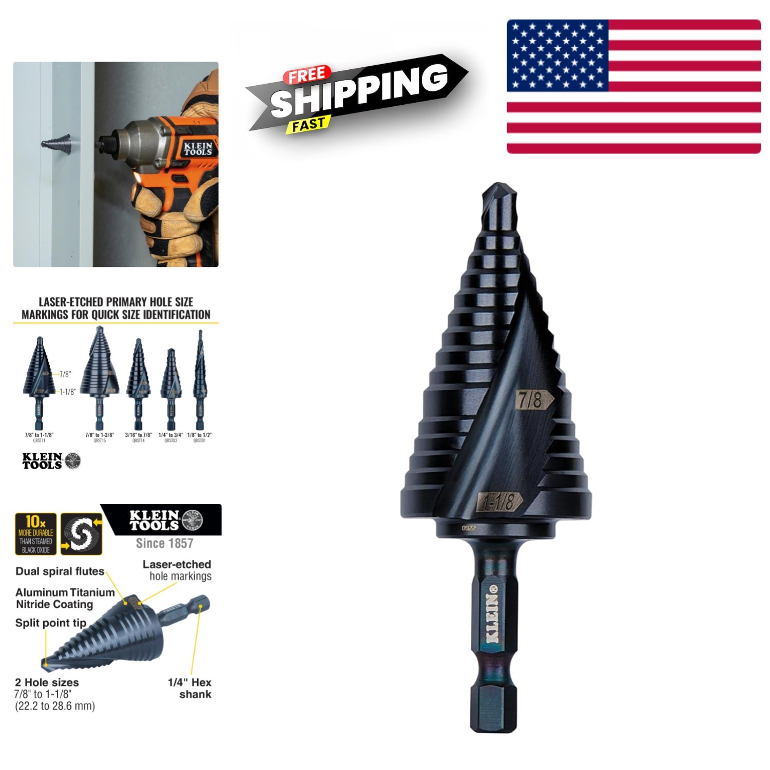 QRST11 Step Drill Bit Titanium Coated Quick Release Spiral Flute for Steel Wood gallery