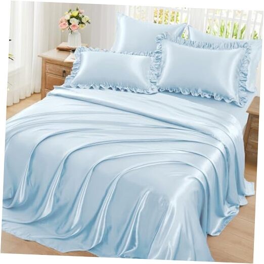 Homiest Ruffled Satin Sheets Size 6pc Set - Bed Sheet Set with Queen Light Blue gallery
