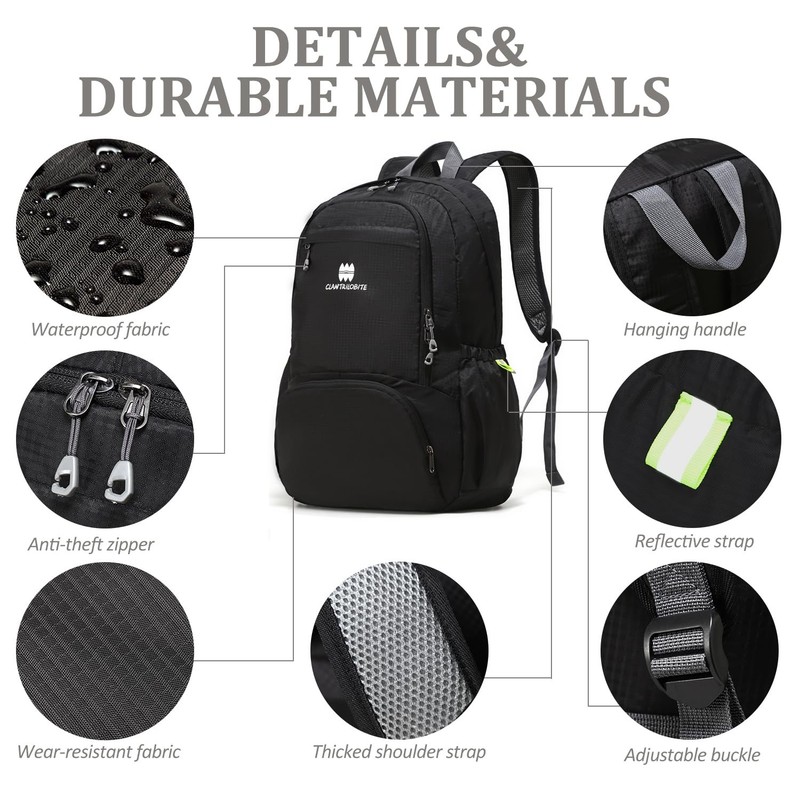 Lightweight Packable Travel Backpack, 30L Black Daypack Hiking Backpack for M... 3