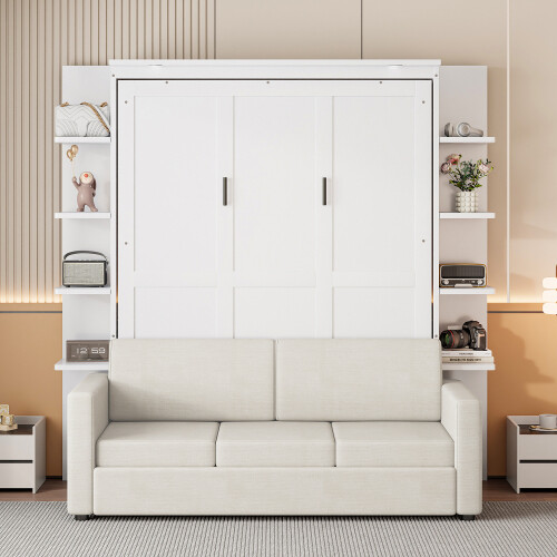 Queen Size Murphy Bed Wall Bed with Sofa Shelves and LED Lights Wood Hidden Beds gallery