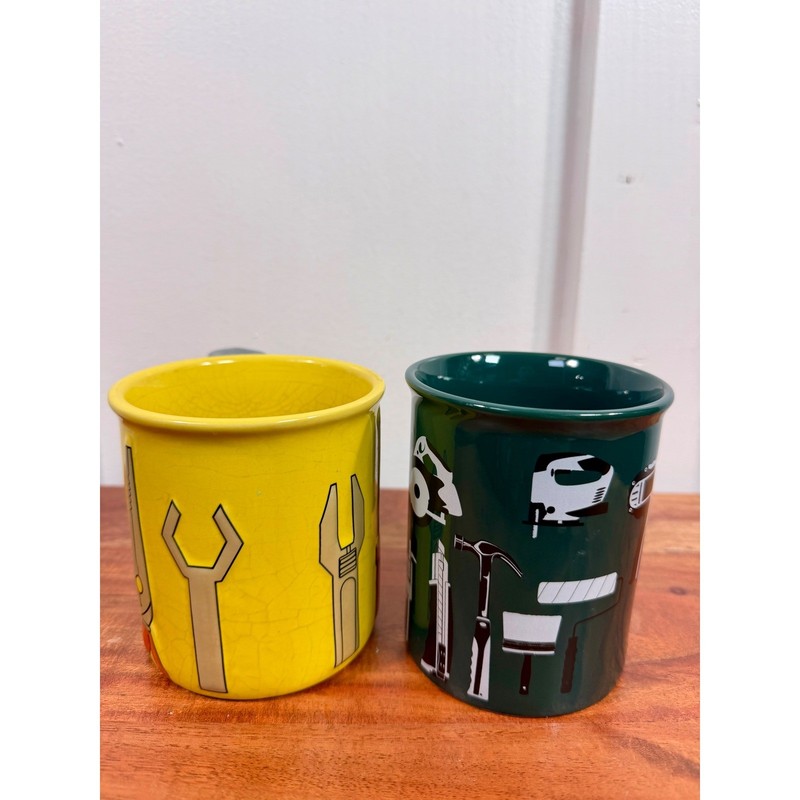 Menards Coffee Mug 3D Tools Graphic Set of 2 Yellow & Green Tool Handles Ceramic gallery